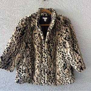 Chico’s Faux Fur Leopard Print Jacket Women’s Size 2 Brown Black Animal Print